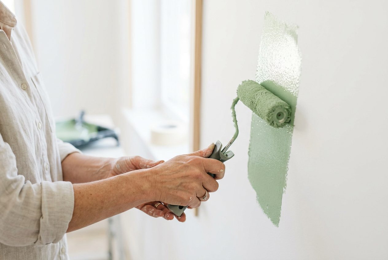 Manos de pintor aplicando pintura verde con rodillo sobre un muro