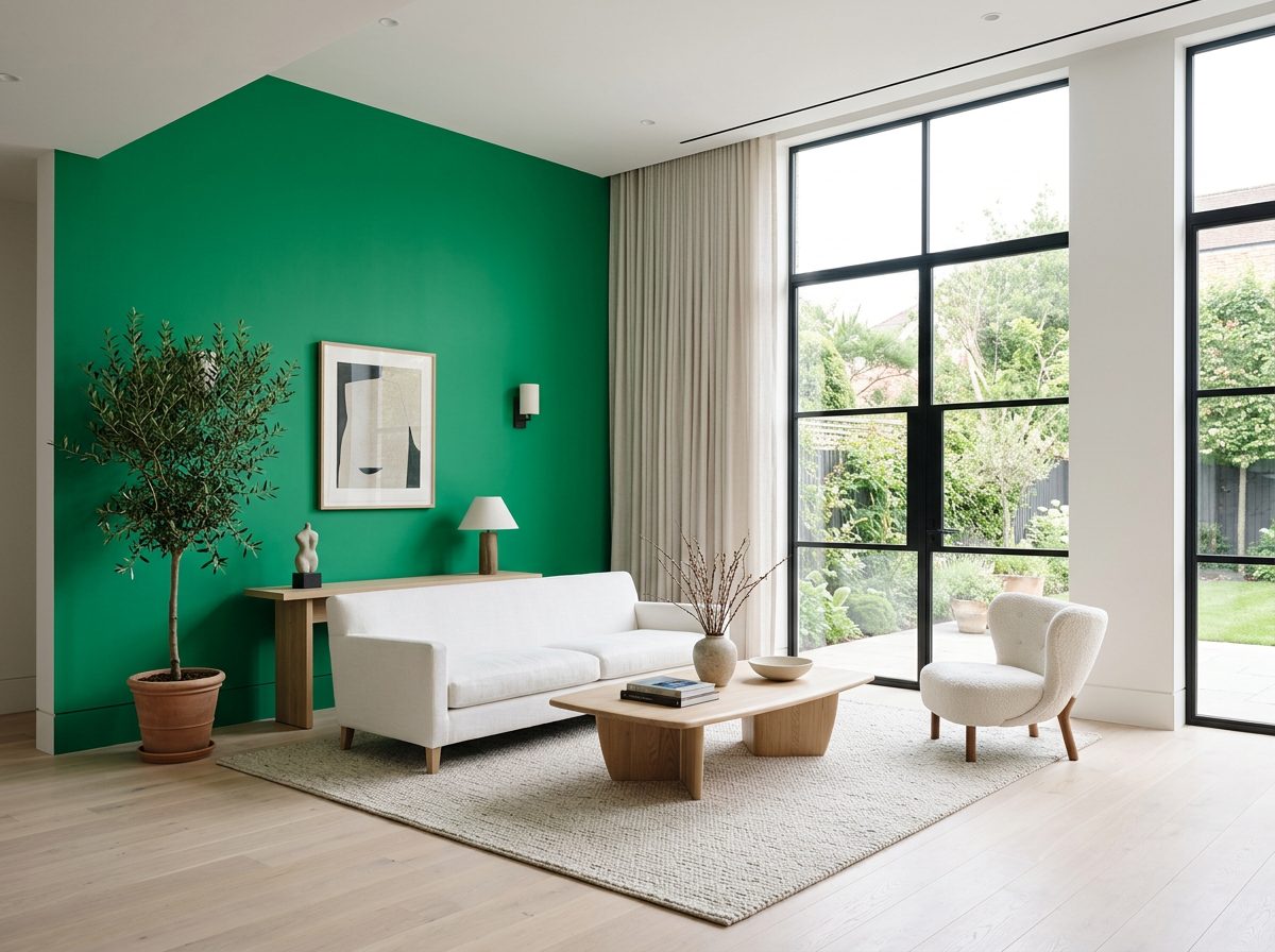 Interior moderno con pared de acento en verde esmeralda pintada con Colore Dimasi base agua