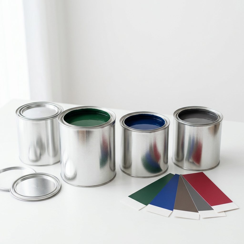 Tarros de pintura Colore Dimasi con muestras de color verde, azul, gris y rojo